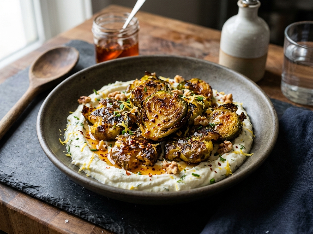 Crispy Smashed Hot Honey Brussels Sprouts with Lemony Whipped Feta